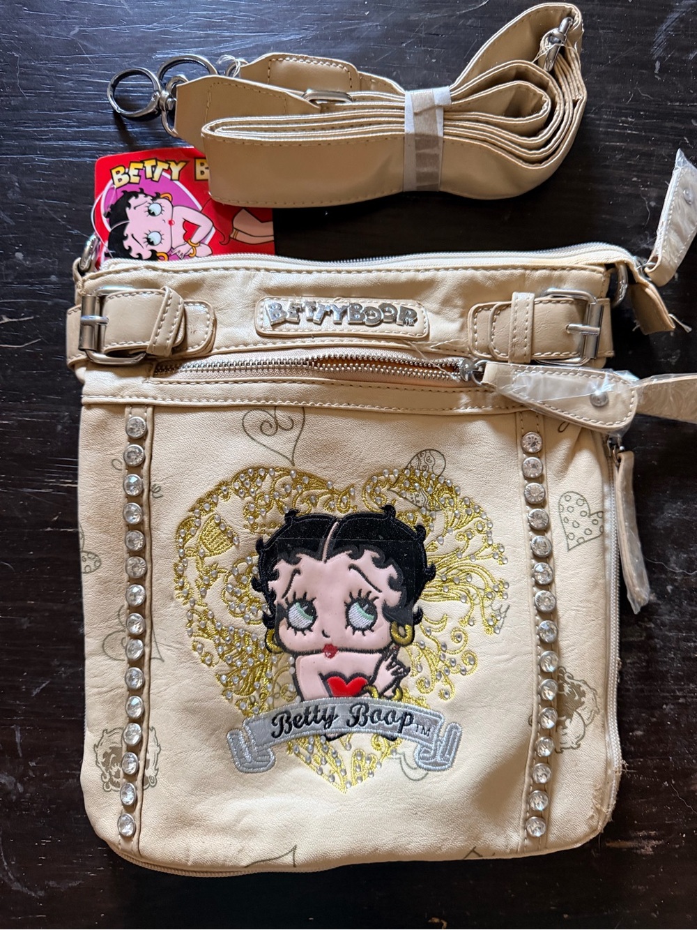 Betty Boop Beige Rhinestones Crossbody Bag Y2K new 11” x 10”